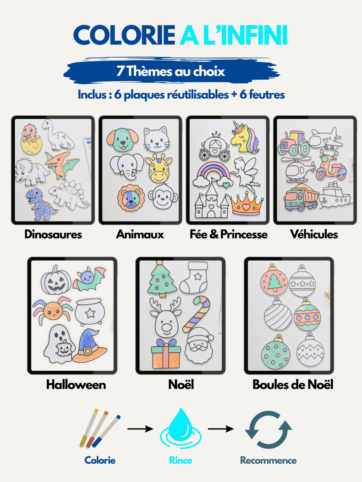 Coloriage réutilisable enfant – Kit Colorie à l’infini | 7 thèmes au choix