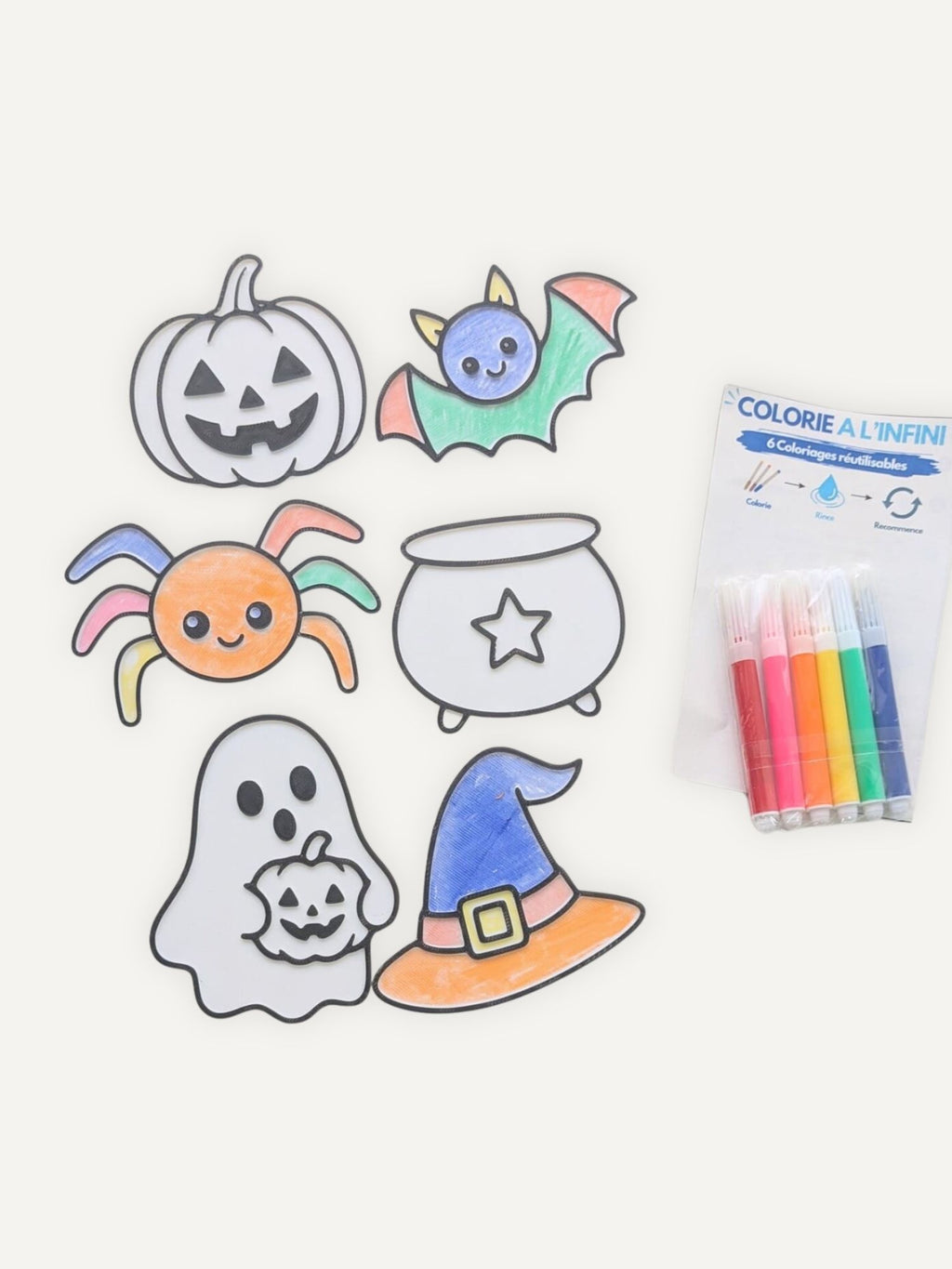 Coloriages Halloween réutilisables pour enfant partiellement coloriés avec 6 feutres