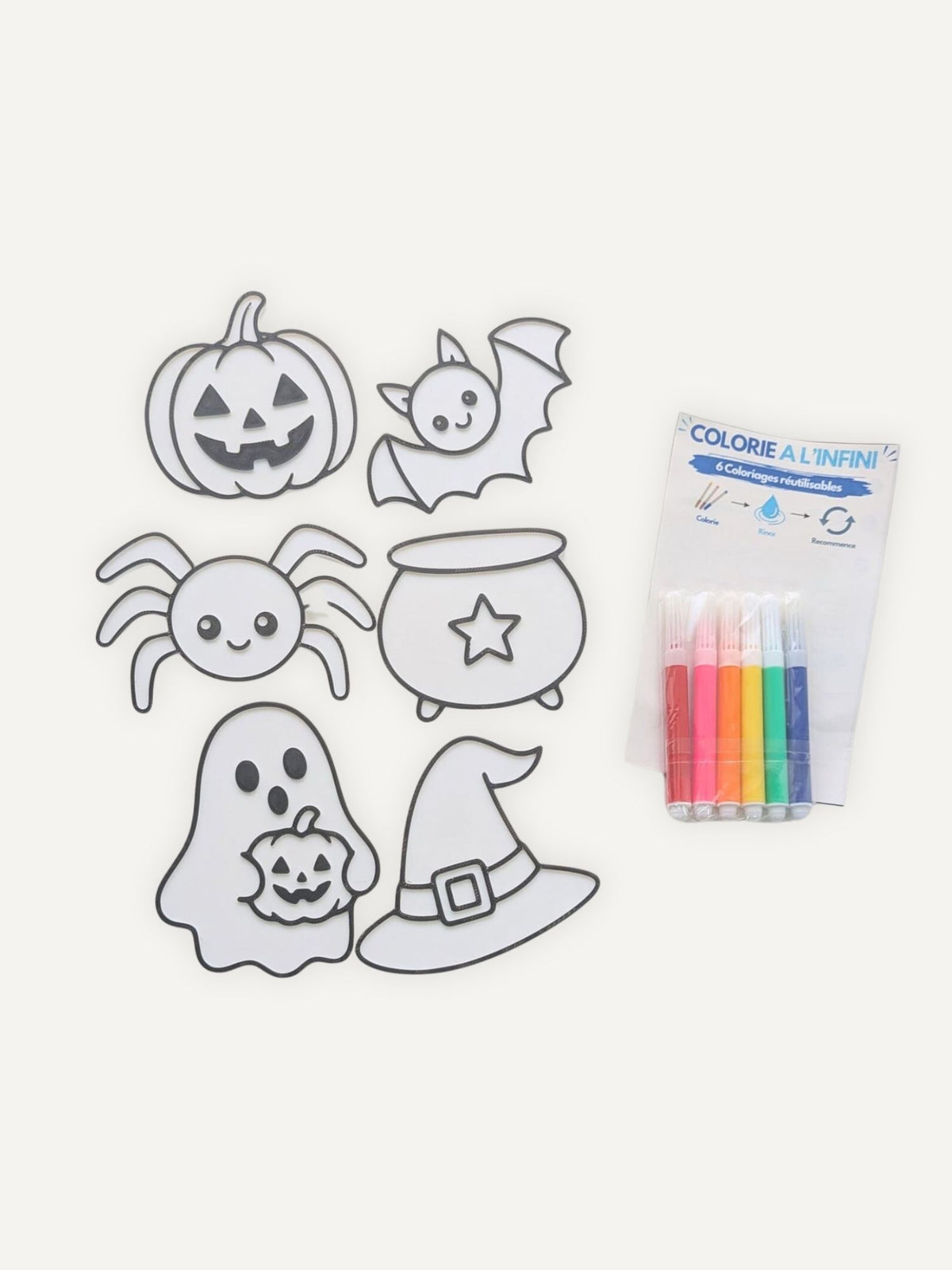 Coloriage Halloween réutilisable pour enfant avec 6 dessins et feutres inclus