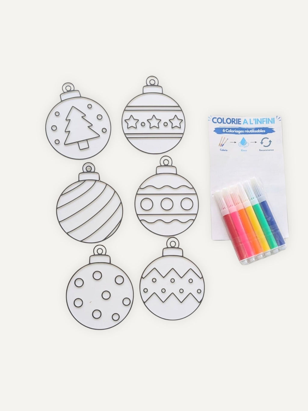 Boules de Noël à colorier réutilisables avec 6 modèles et feutres