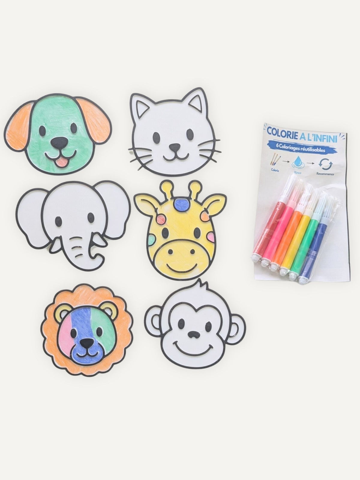Coloriages réutilisables animaux partiellement coloriés avec les feutres inclus