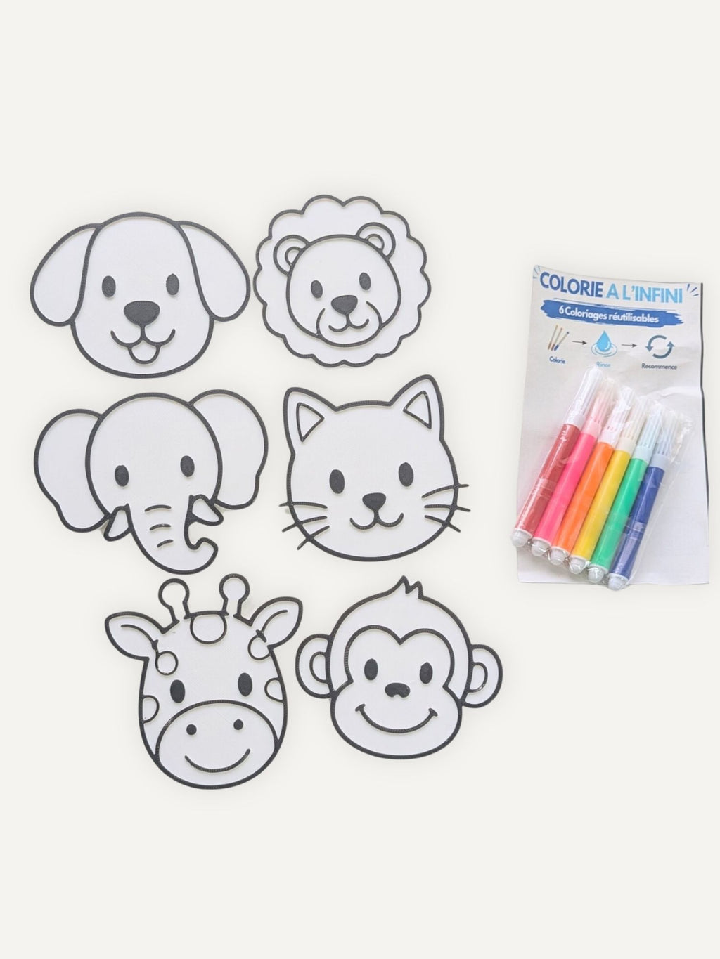 Coloriage réutilisable enfant thème animaux avec 6 modèles et feutres