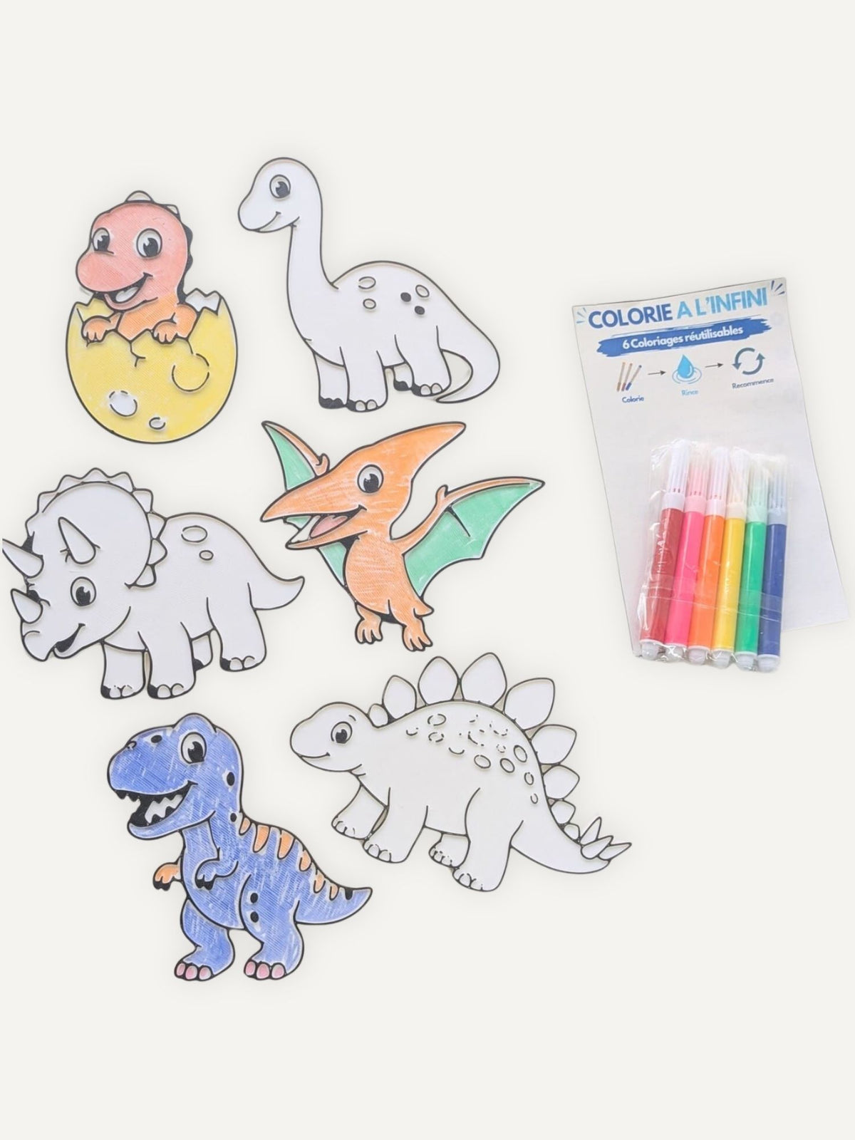 Coloriages réutilisables dinosaures partiellement coloriés avec les feutres inclus