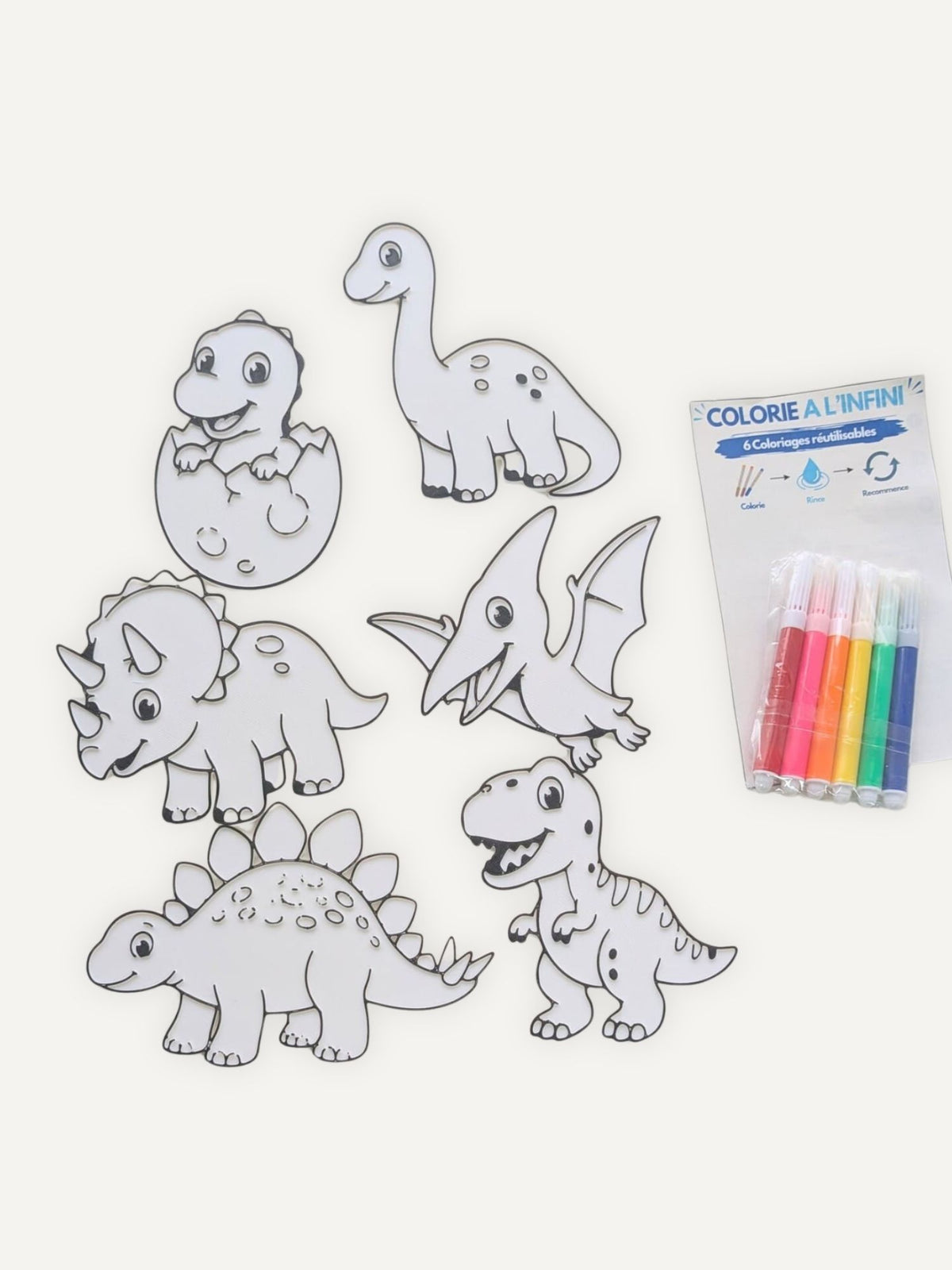 Coloriage réutilisable enfant thème dinosaures avec 6 modèles et feutres