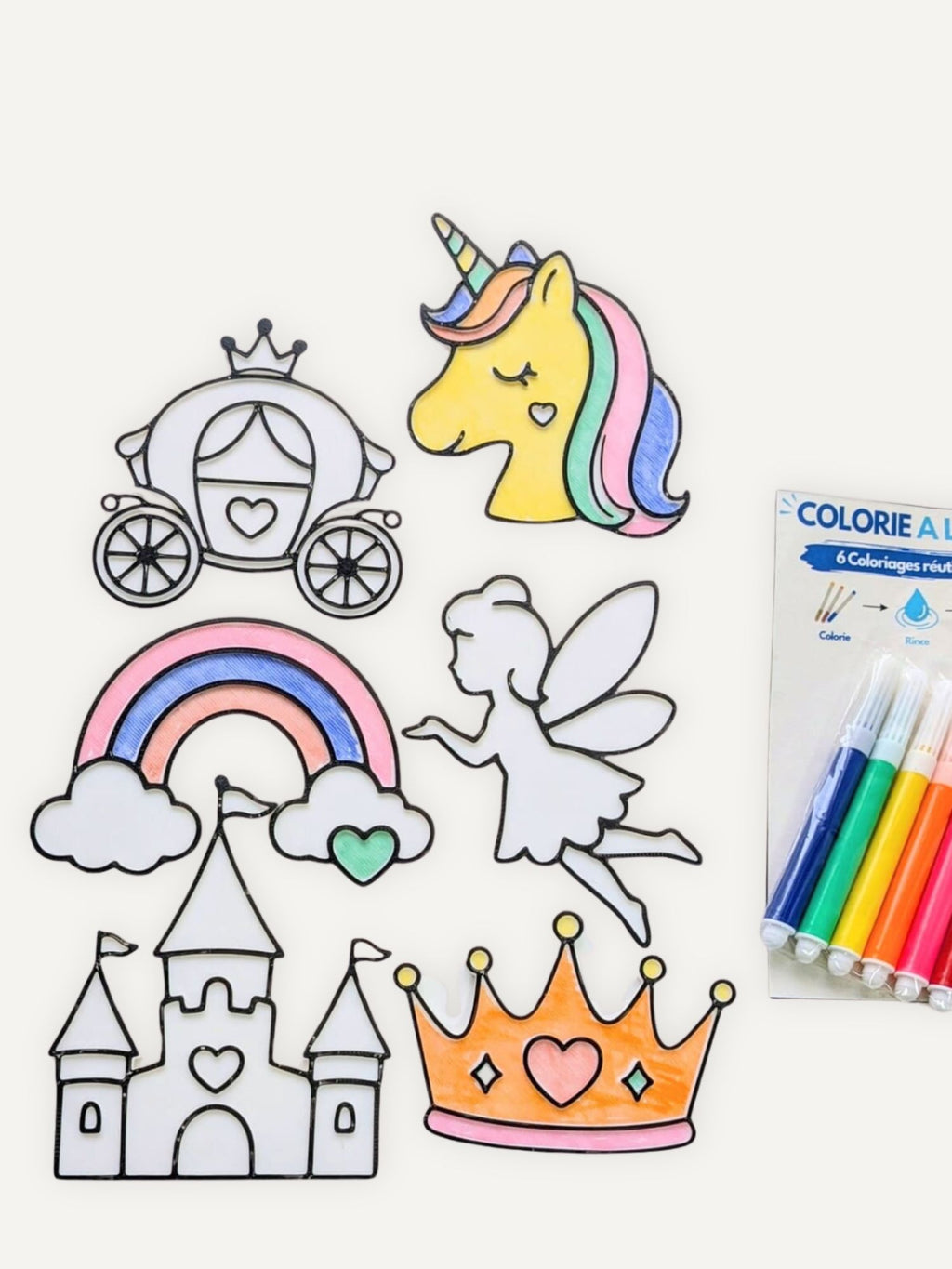 Coloriages réutilisables fée et princesse partiellement coloriés avec les feutres inclus