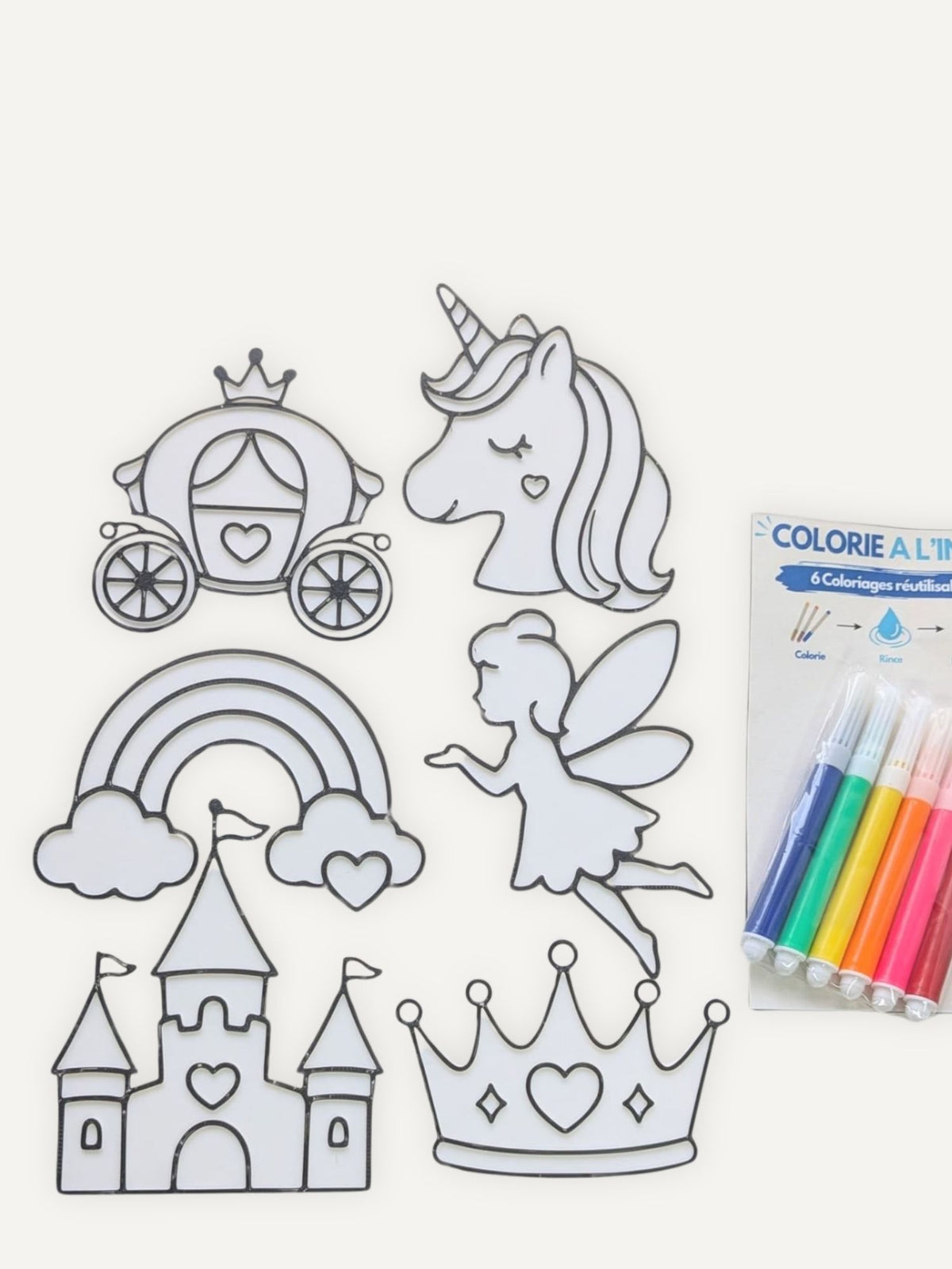 Coloriage réutilisable enfant thème fée et princesse avec 6 modèles et feutres