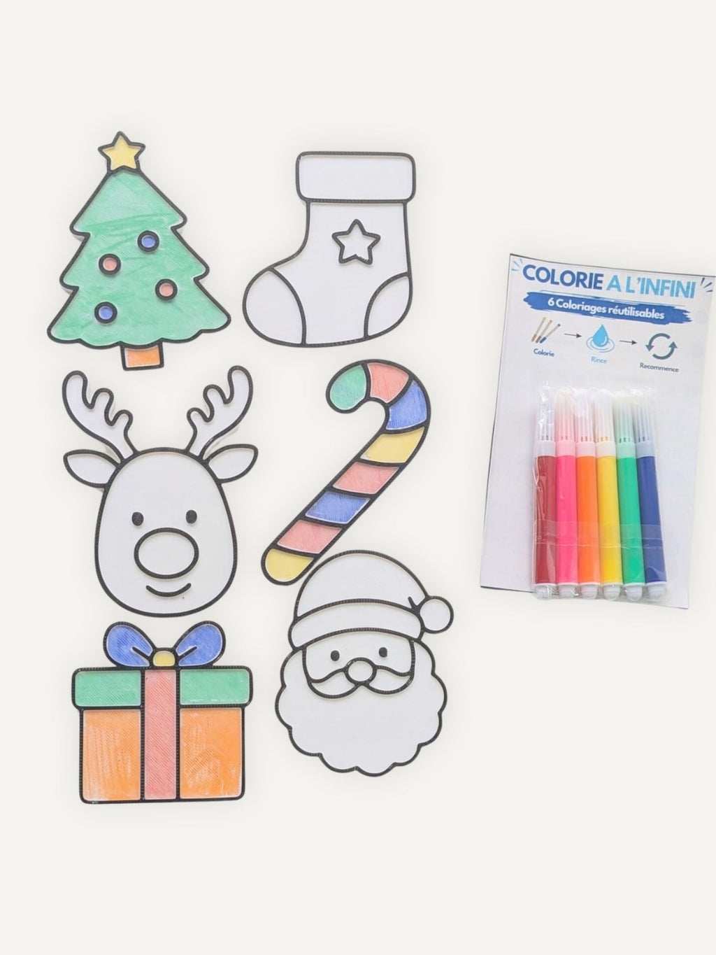 Coloriages réutilisables de Noël partiellement coloriés avec les feutres inclus