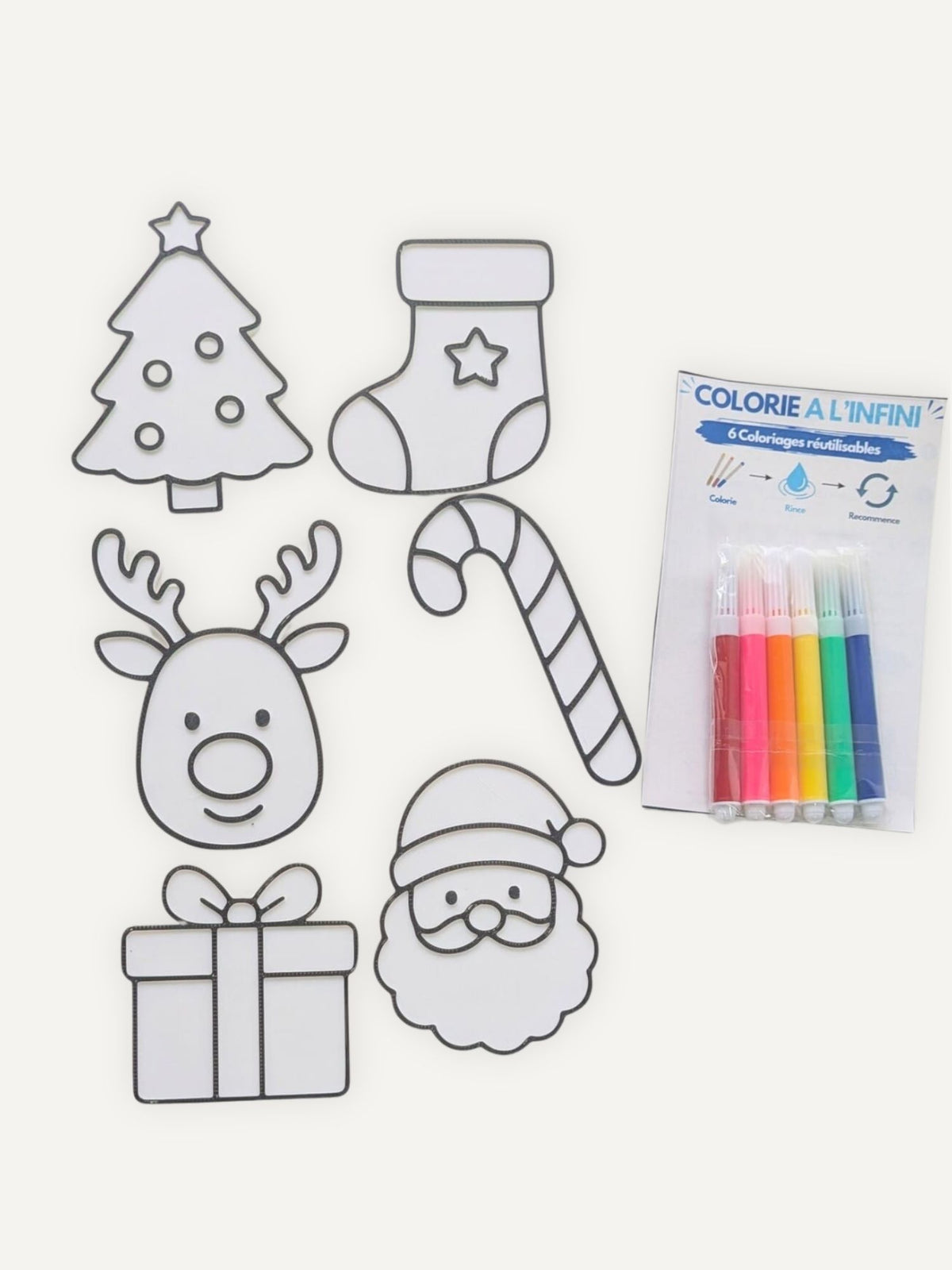 Coloriage réutilisable enfant thème Noël avec 6 modèles et feutres
