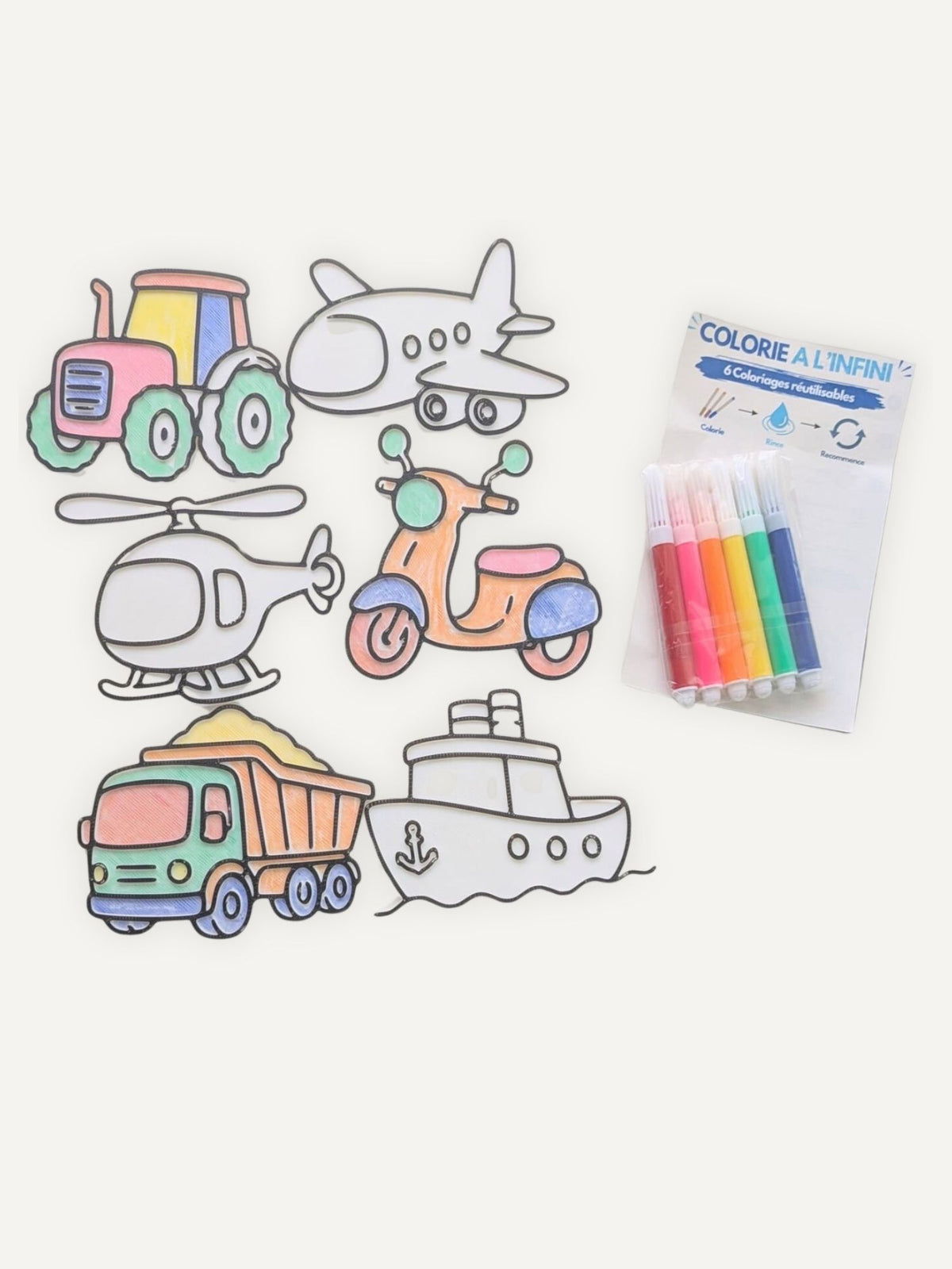 Coloriages réutilisables véhicules partiellement coloriés avec les feutres inclus