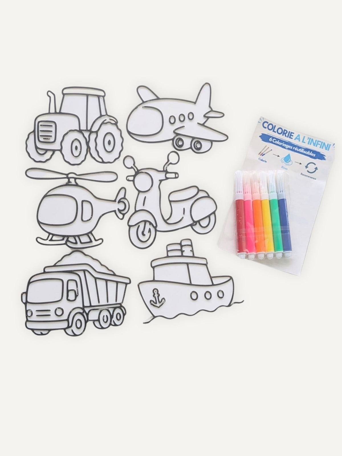Coloriage réutilisable enfant thème véhicules avec 6 modèles et feutres