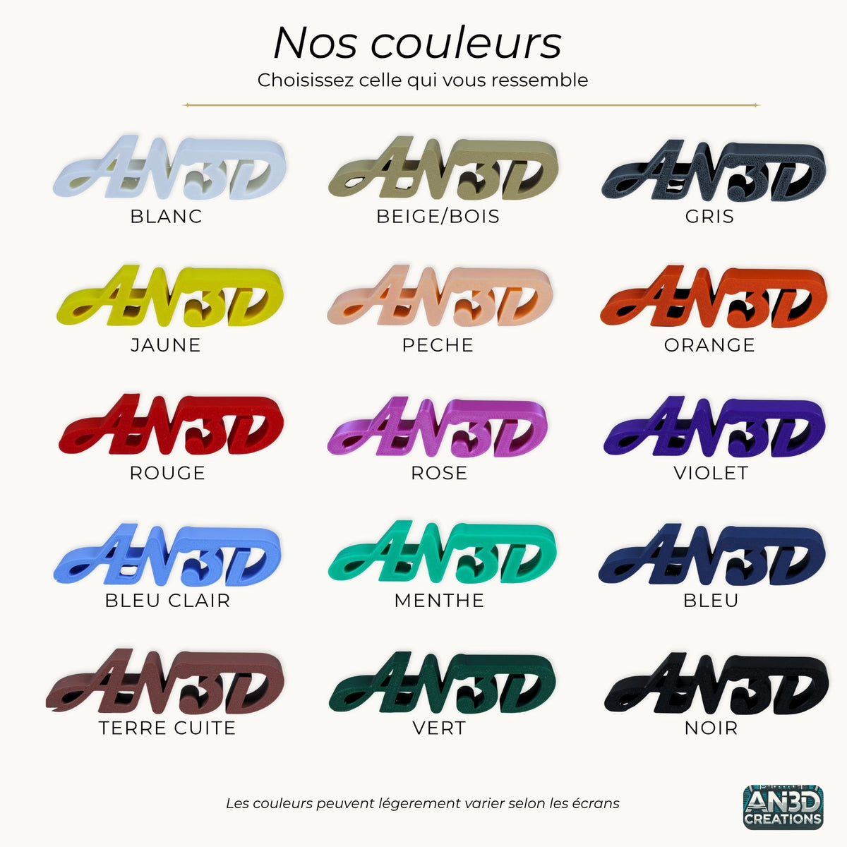 Nuancier des 15 couleurs disponibles pour l’organisateur de feutres Colo’Mystères AN3D