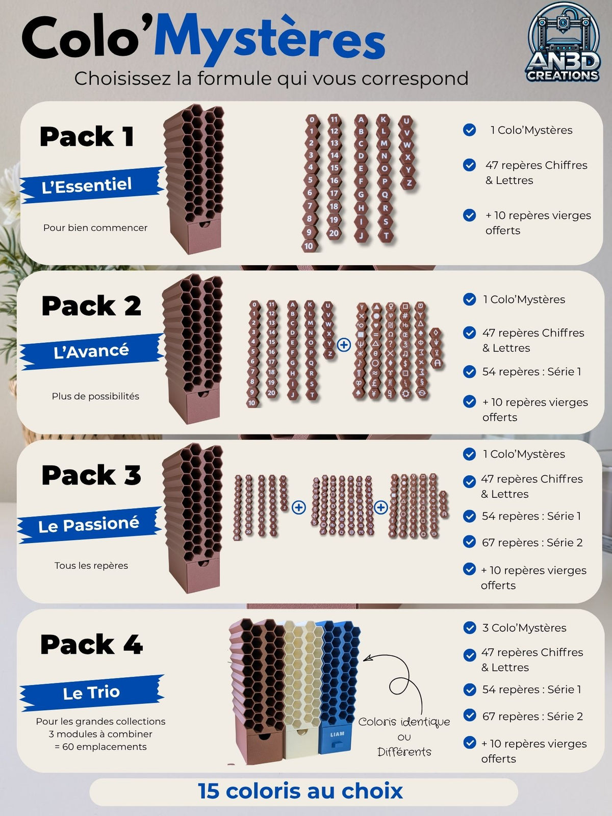 Comparatif des 4 packs Colo’Mystères avec repères interchangeables et jusqu’à 3 modules de rangement